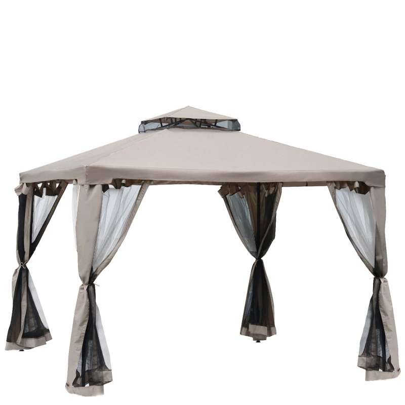 10-cio 8217; x 10-cio 821717; Patio Gazebo Pavilion Canopy Tent, 2-Tier Soft Top with Netting Mesh Sidewans, Taupe